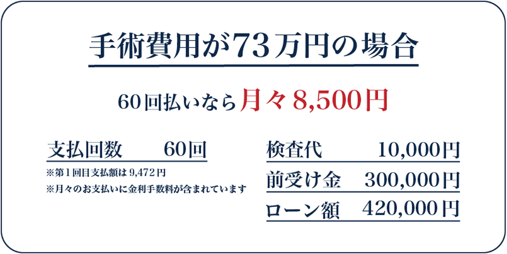 ICL手術73万円の場合の60回払いの分割価格表