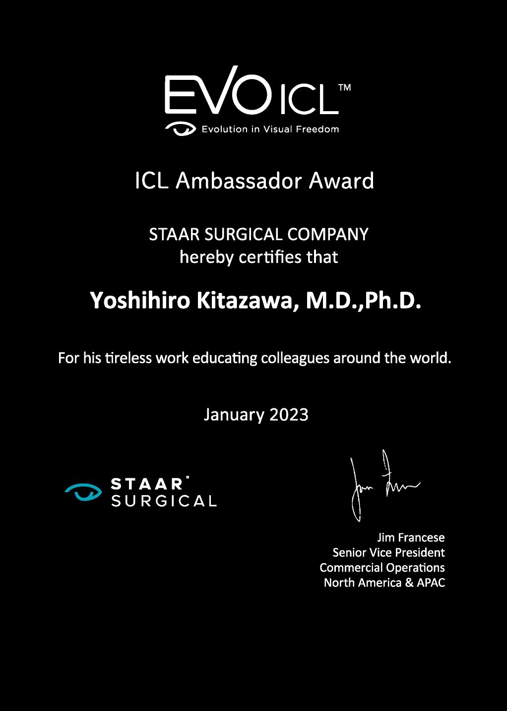 2023年Visian ICL Ambassador Award受賞